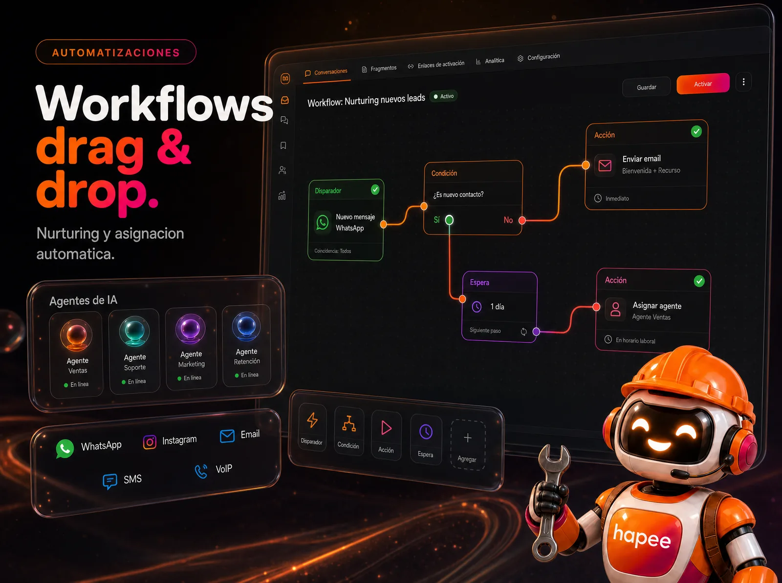 Automatizaciones Hapee — workflows drag and drop