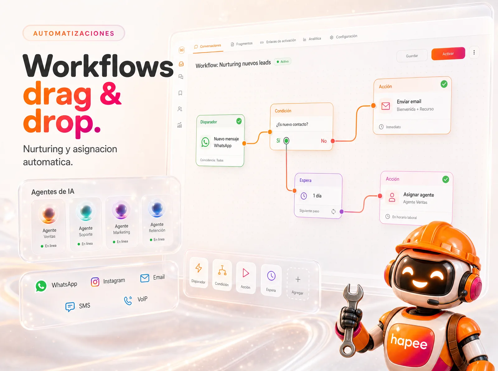 Automatizaciones Hapee — workflows drag and drop