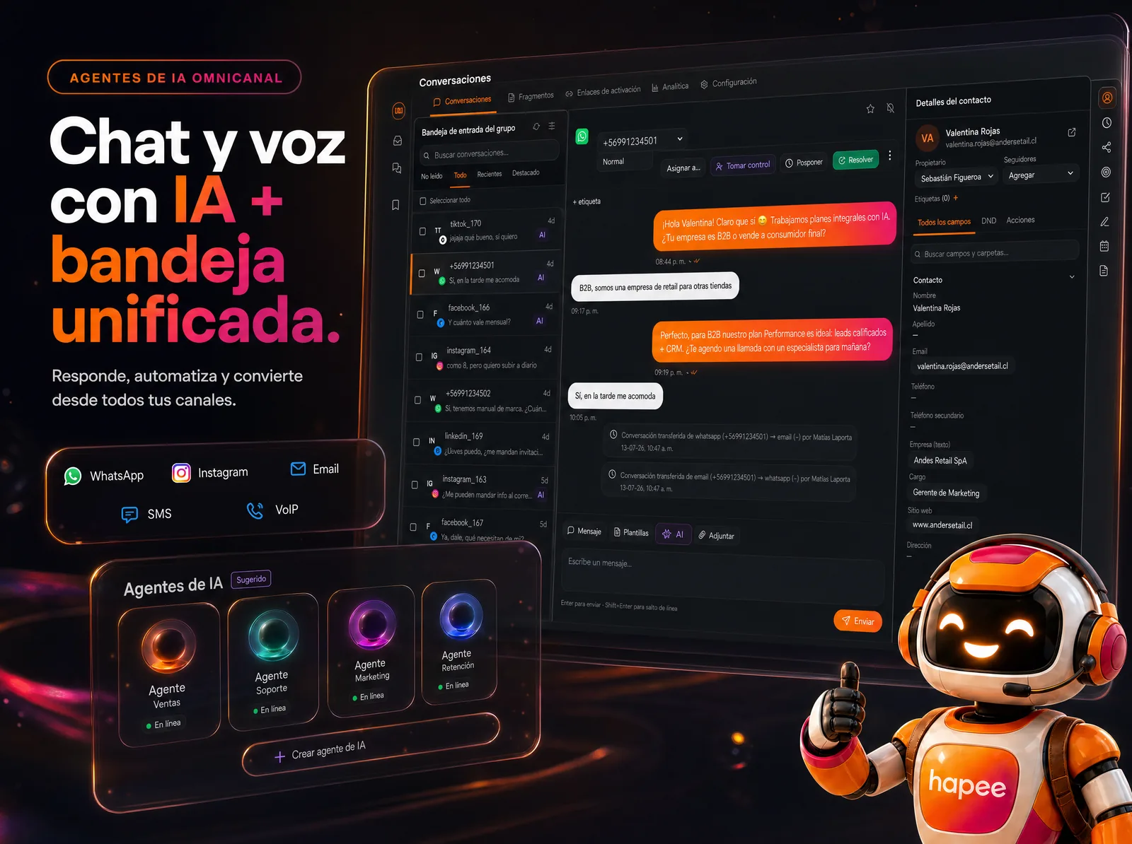 Agentes de IA omnicanal Hapee — chat y voz con bandeja unificada