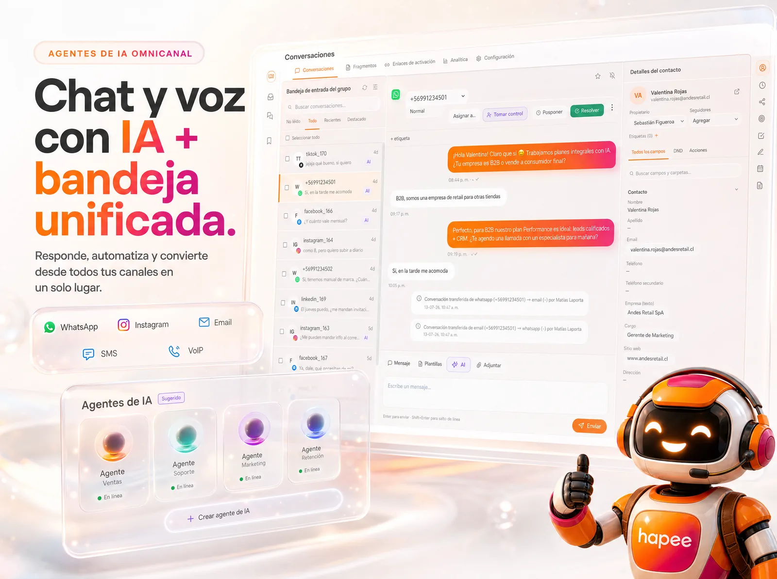 Agentes de IA omnicanal Hapee — chat y voz con bandeja unificada