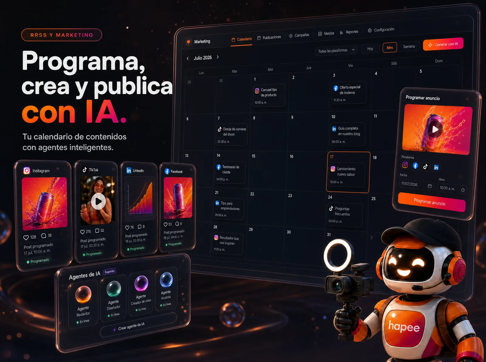 RRSS con IA — programa, crea y publica multicanal