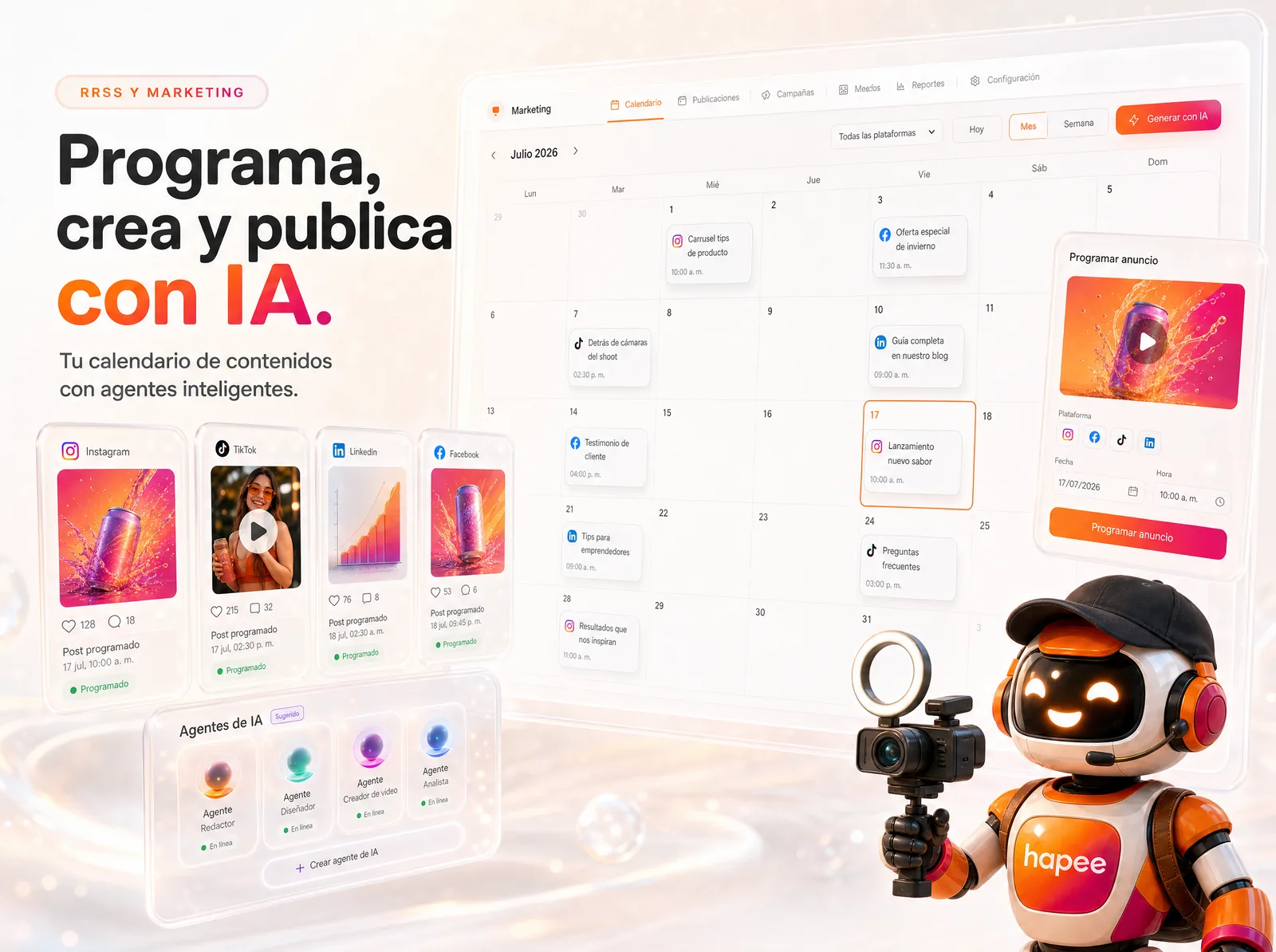 RRSS con IA — programa, crea y publica multicanal